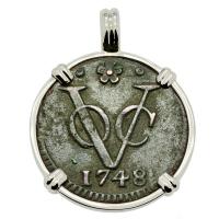 Dutch East Indies Company VOC duit dated 1748 in 14k white gold pendant.