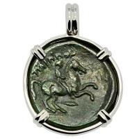 Greek 359-336 BC, King Philip II Horseman and Apollo bronze coin in 14k white gold pendant.