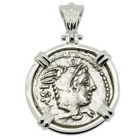 Roman Republic 105 BC, Queen Goddess Juno denarius in 14k white gold pendant.