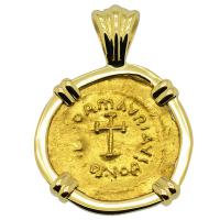 Byzantine AD 582-602, Cross and Emperor Tiberius gold tremissis in 18k gold pendant.