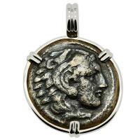 Greek 336-323 BC, Alexander the Great bronze coin in 14k white gold pendant.