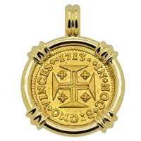 Portuguese King John V 1000 Reis dated 1713, in 14k gold pendant.