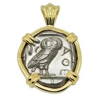 Greek 454-404 BC, Owl and Athena tetradrachm in 14k gold pendant.