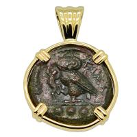 Greek Sicily 420-410 BC, Owl and Athena tetras in 14k gold pendant.