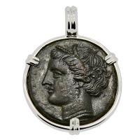 Greek Syracuse 317-289 BC, Persephone and Bull bronze coin in 14k white gold pendant.