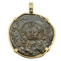 Byzantine 969-976, bronze follis in 14k gold pendant.