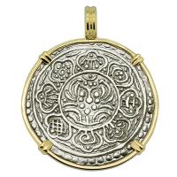 Buddhist Tibetan 1850-1880s, Ga-Den Tanka in 14k gold pendant.