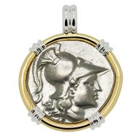 Greek 205-100 BC, Athena and Nike tetradrachm in 14k white and yellow gold pendant.