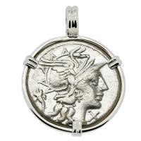 Roman Republic 147 BC, Roma and Dioscuri denarius in 14k white gold pendant. 