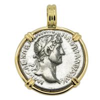 Roman Empire AD 120-121, Hadrian and Fortuna denarius in 14k gold pendant.