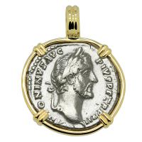 Roman Empire AD 148-149, Antoninus Pius and Aequitas denarius in 14k gold pendant.