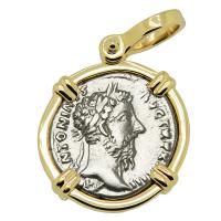 Roman Empire AD 168-169, Marcus Aurelius and Fortuna denarius in 14k gold pendant.