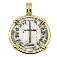 Byzantine 780-797, Constantine VI and Irene Cross Miliaresion in 14k gold pendant.