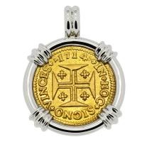 Portuguese King John V 1000 Reis dated 1714, in 14k white gold pendant.