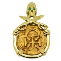 Spanish 2 escudos Doubloon 1619-1621, in 18k gold skull and swords pendant with emeralds.