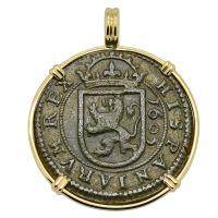 Spanish 8 maravedis dated 1605, in 14k gold pendant.