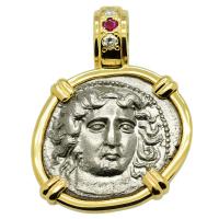 Greek 380-365 BC, Nymph Larissa and Horse drachm in 14k gold pendant with diamonds and ruby.