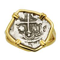 Colonial Spanish 1/2 real 1705-1723 in 14k gold ladies ring.